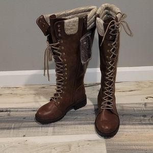 Brown lace up knee high combat boots